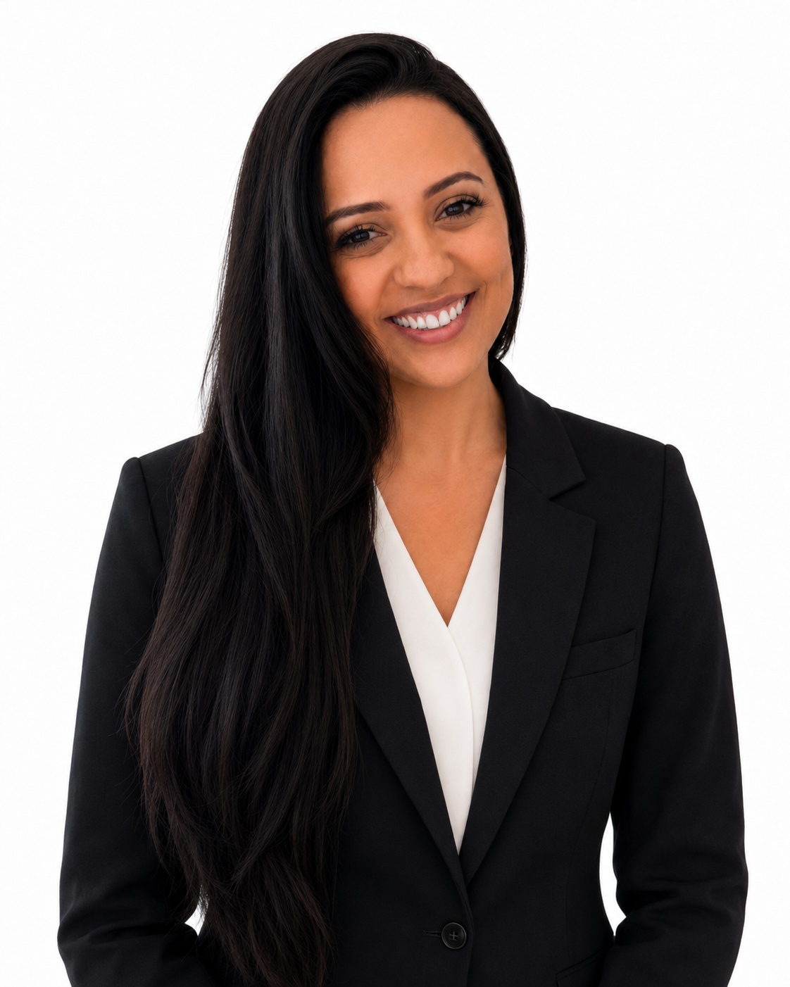 Dra. Érika Luana, cirurgiã-dentista, sorrindo, de blazer preto